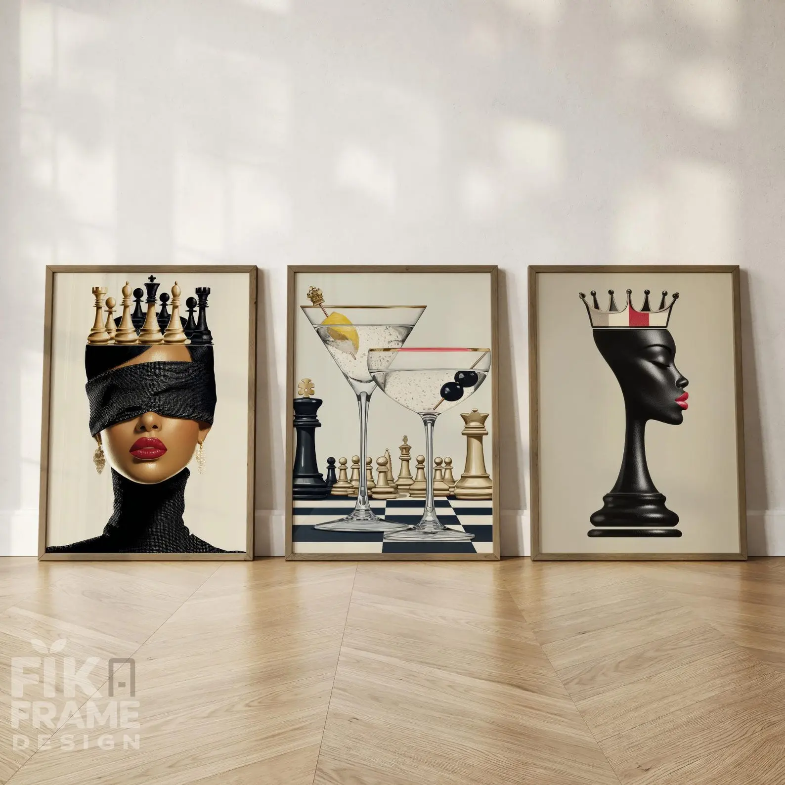 Chess Cocktail Wall Art Set of 3, Glam Queen Editorial Prints, Modern Luxury Bar Decor Digital Download