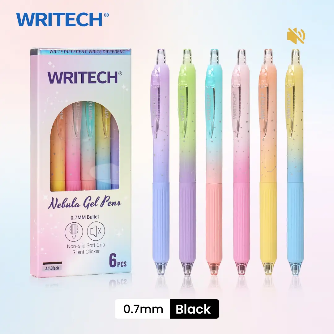 WRITECH Gel Pens Fine Point 0.7mm Black Ink Retractable 6ct with Gradient Color Barrel for Journaling Note Taking Silent Click No Smear Nebula Pen Set