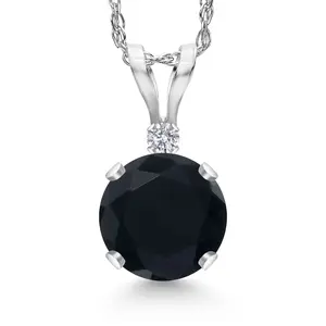 Gem Stone King 14K White Gold Black Onyx and Lab Grown Diamond Pendant Necklace for Women | 0.82 Cttw | Gemstone December Birthstone | Round 6MM | With 18 Inch Chain
