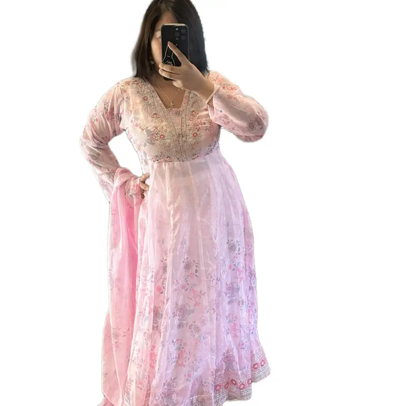 Women's Traditional Elegant Georgette Anarkali Kurta Salwar Dress with Duppatta, Pink Floral Print, Long Sleeves, Casual Fashion Clothes, Women's Clothes, Kurtha, Traditional Anarkali, Includes Duppatta, Full Length, Longsleeves
