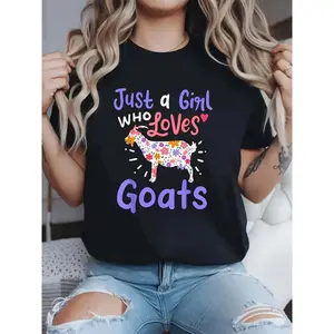 Women's Just a Who Loves Goats Graphic T-Shirt Black Casual Short Sleeve Round Neck Tee with Floral Goat Design High Elasticity Machine Washable Top for Spring Summer Fall Goats T Shirt