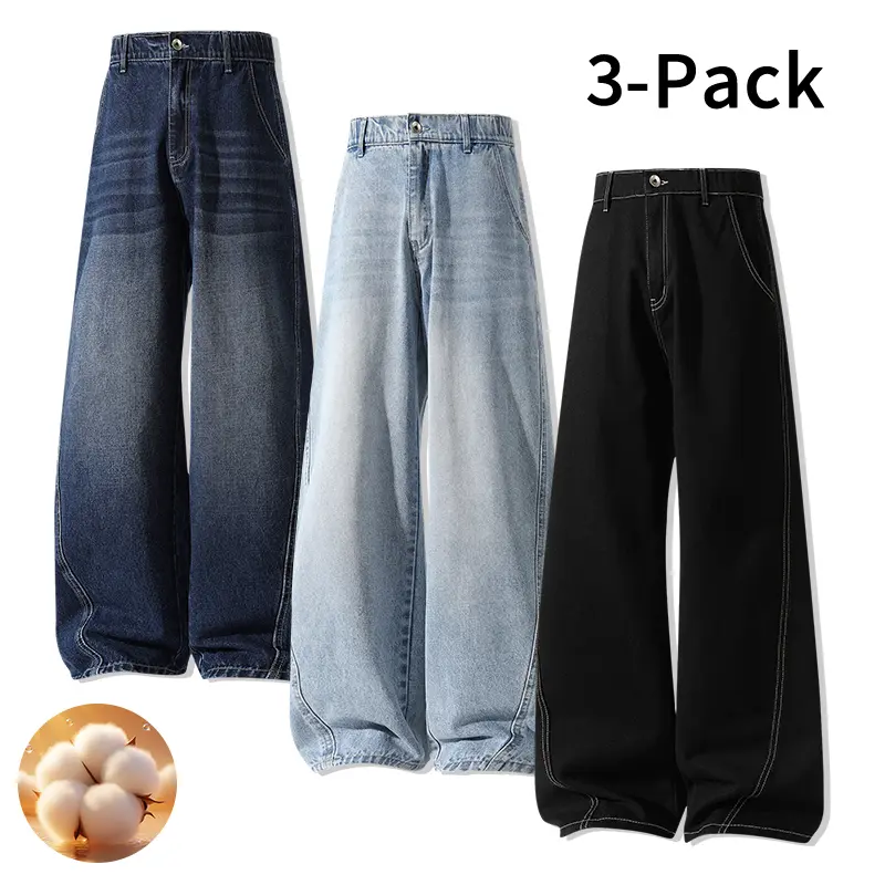 Men's Retro Jeans 3-Pack, High Waist Baggy Straight Leg Cotton Denim Pants for Street Chic Casual Wear, Menswear, Set