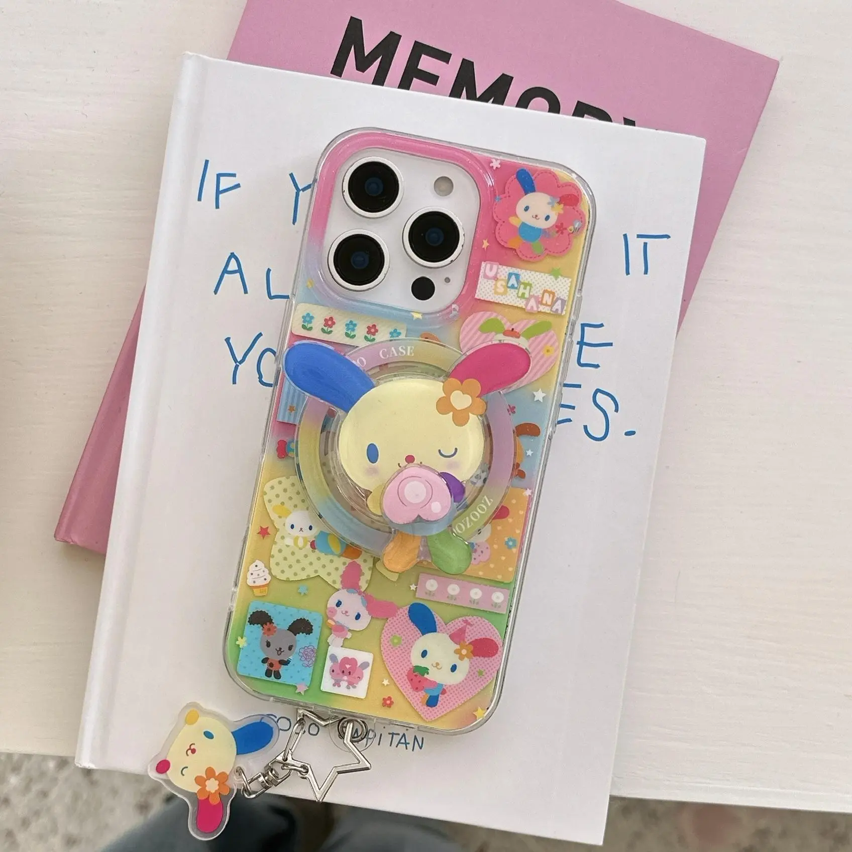Magnetic Dual-Layer Heart Rainbow Rabbit Protective Smartphone Case Cover for Apple iPhone 17 Pro Max, Fashionable Women's Simple Design, Accessories, No Wooden Material