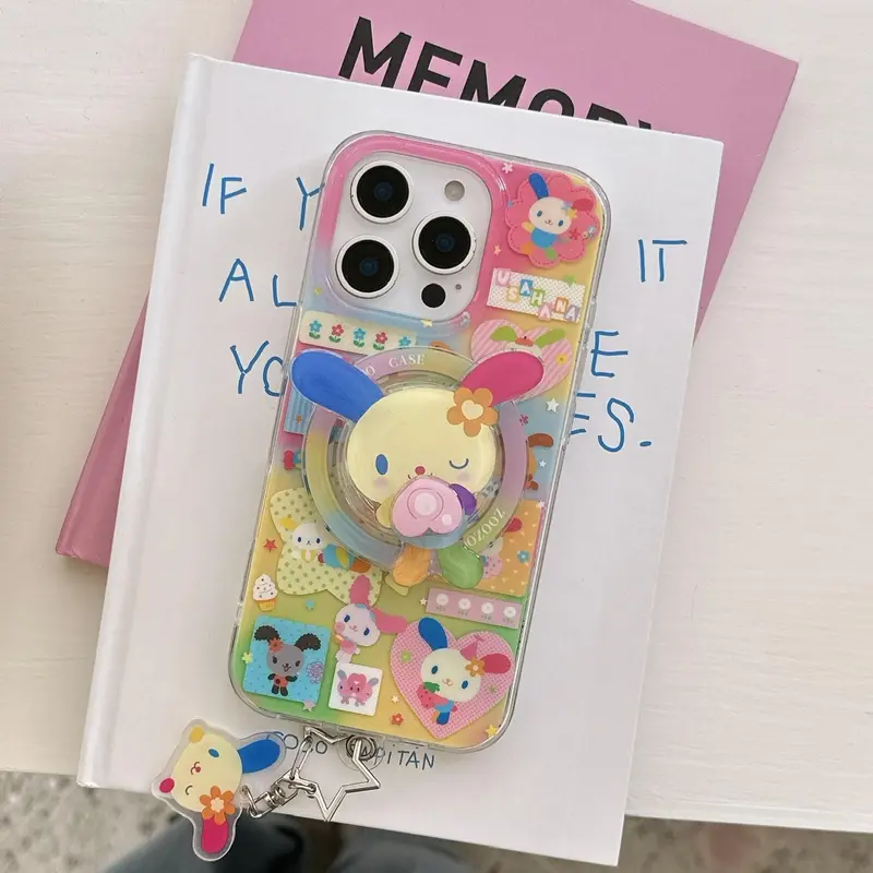 Magnetic Dual-Layer Heart Rainbow Bunny Protective Phone Case with Stand, Compatible with Apple iPhone 18 Pro Max, Fashionable Women's Phone Case