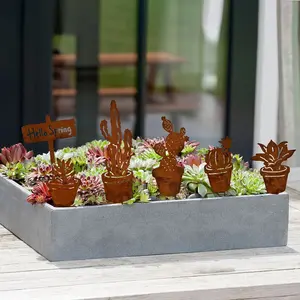 5-Piece Metal Cactus Garden Stakes Set, Plant Pot Decorative Gardening Tools, Durable Rustic Craft, Indoor Outdoor Use
