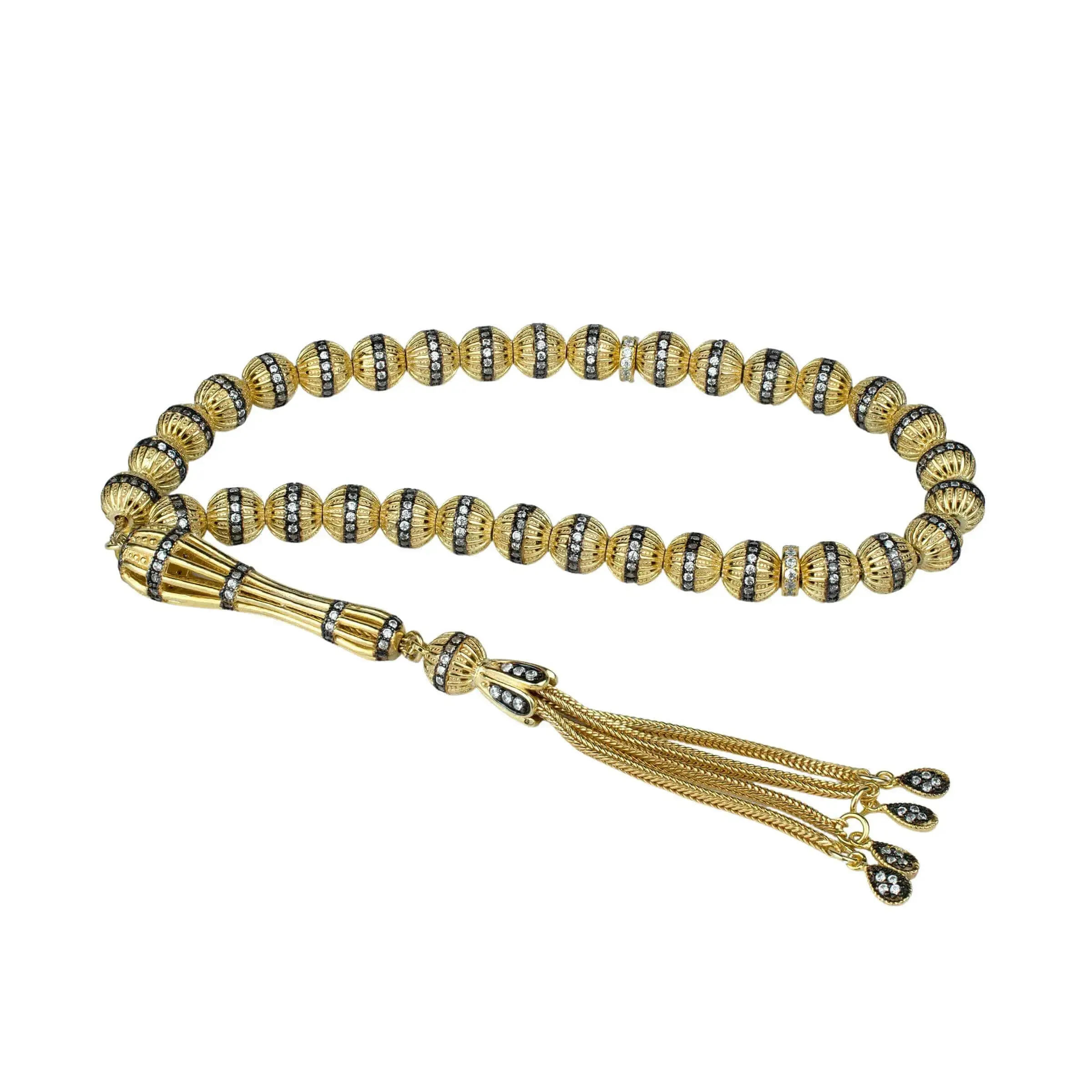 Gold Plated Sterling Silver 33 Beads Zirconia Paved Tasbih Muslim Prayer Beads
