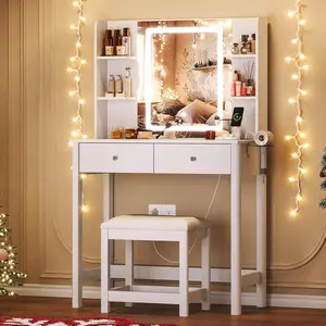 Desk with Mirror and LED Lights, Small Makeup  Table Set with Drawers and Chair, Dressing Table with Power Outlet for Girls Bedroom, White