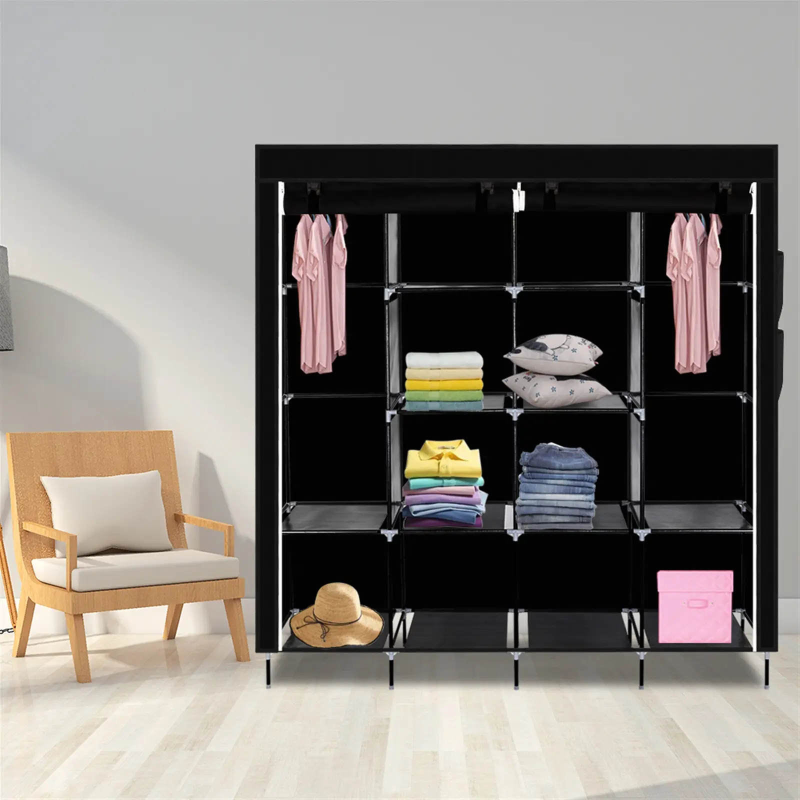 67" Portable Wardrobe Closet - Indoor Furniture Cabinet, Bedroom Organizer with 12 Shelves, Hanging Rod, Dustproof Waterproof Zippered Cover, Tool-Free Easy Assembly, Space-Saving Adjustable Storage Organizer