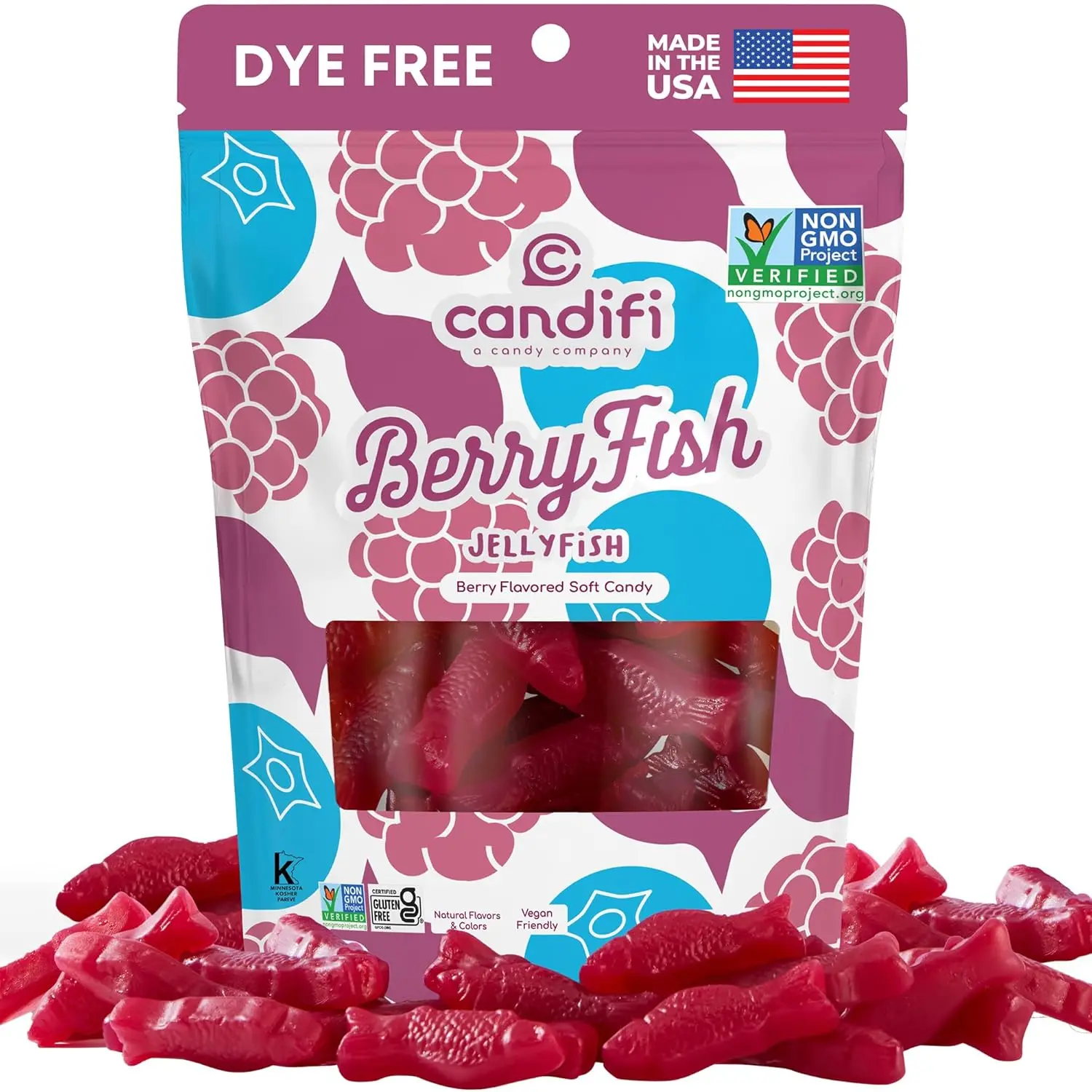 Candifi BerryFish Gummy Fish Candy – 8 oz Dye-Free, Non-GMO Snacks, Kosher, Gelatin & Gluten-Free Swedish-Style Treats with Natural Colors & Berry Flavors, Gmo Free