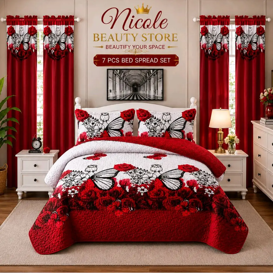 7-Piece King Size Bedspread Set with Matching Curtains & Valances – Luxury Red Rose Bedroom Collection