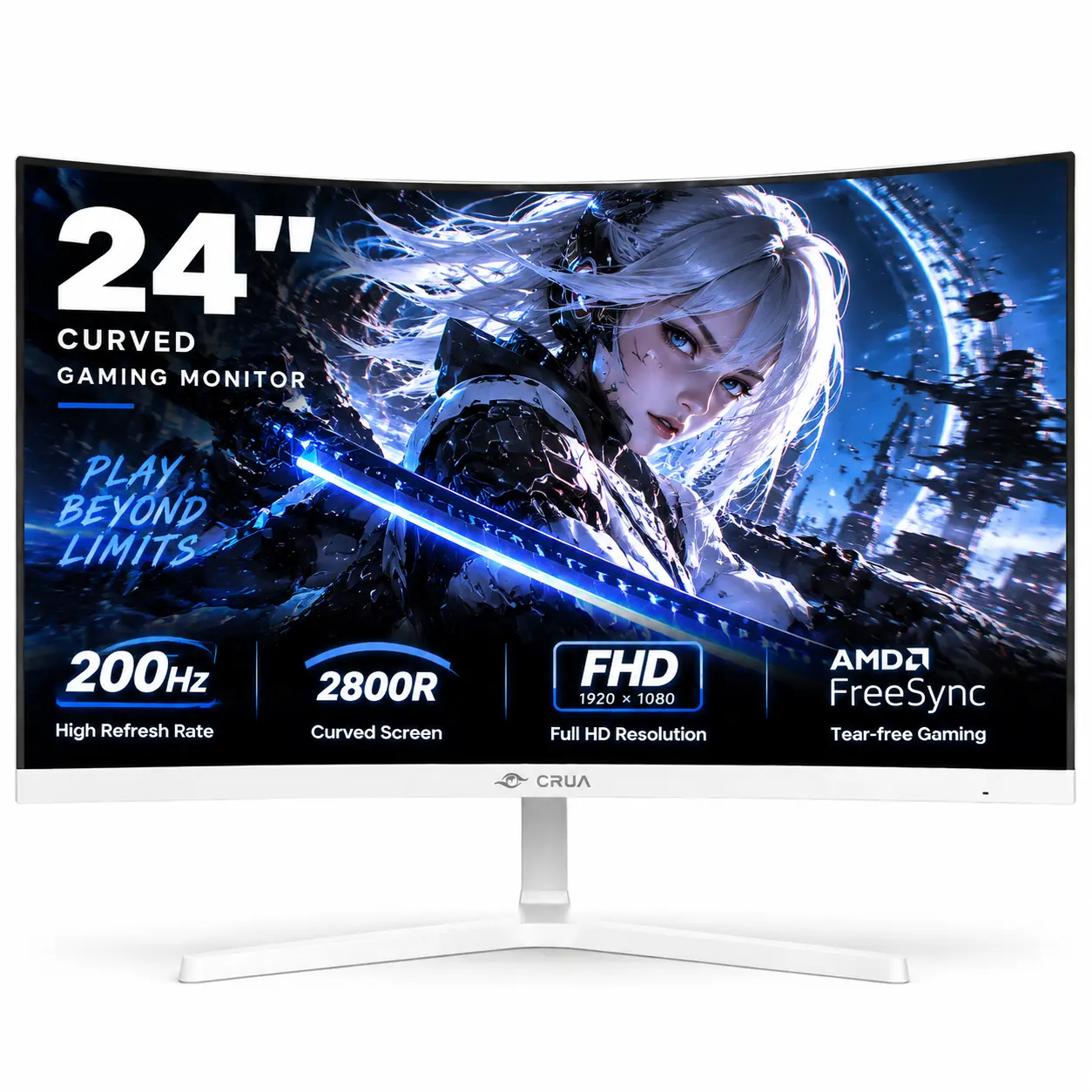 CRUA 24" FHD 1080P 200Hz Curved Gaming Monitor, 2800R, AMD FreeSync, White