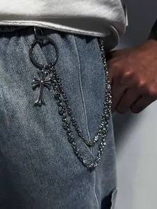 Multi-element Pant Chain, Alloy Material, Punk Aesthetic, Layered Chains, Cross Pendant with Sword Bead Design, Lobster Clasp Bag Accessory, Jean Decoration Waist Chain