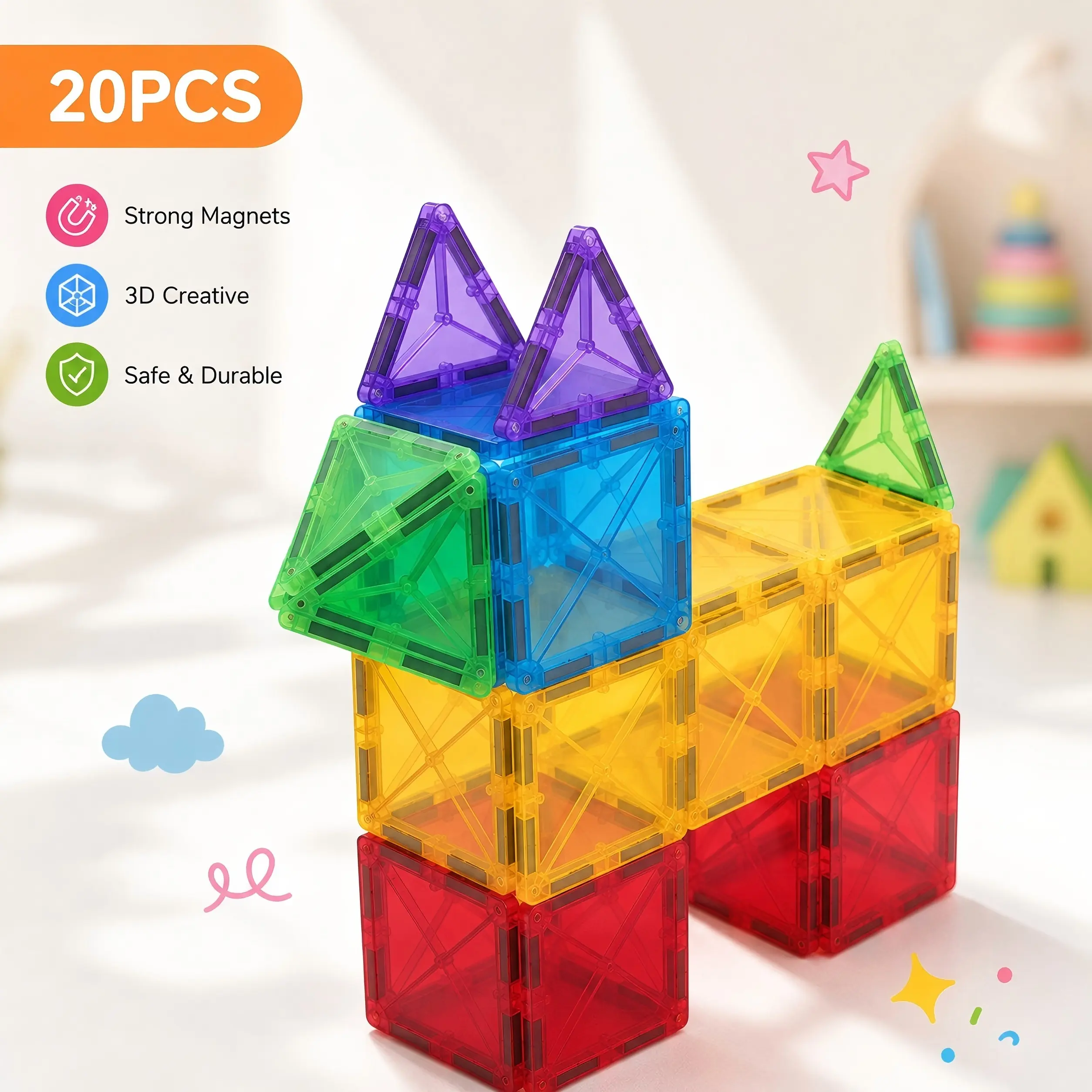 20PCS Compact Geometric Portable Mini Magnetic Tiles Travel Set for Kids Ages 3+, Montessori STEM Sensory Building Blocks, Kids Toys, Toddler Preschool Learning Toy, Road Trip Gift, Little Gifts for Girls
