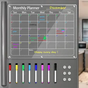 Clear Monthly Magnetic Refrigerator Dry Erase Acrylic Calendar Planning Board Includes 8 Color Markers