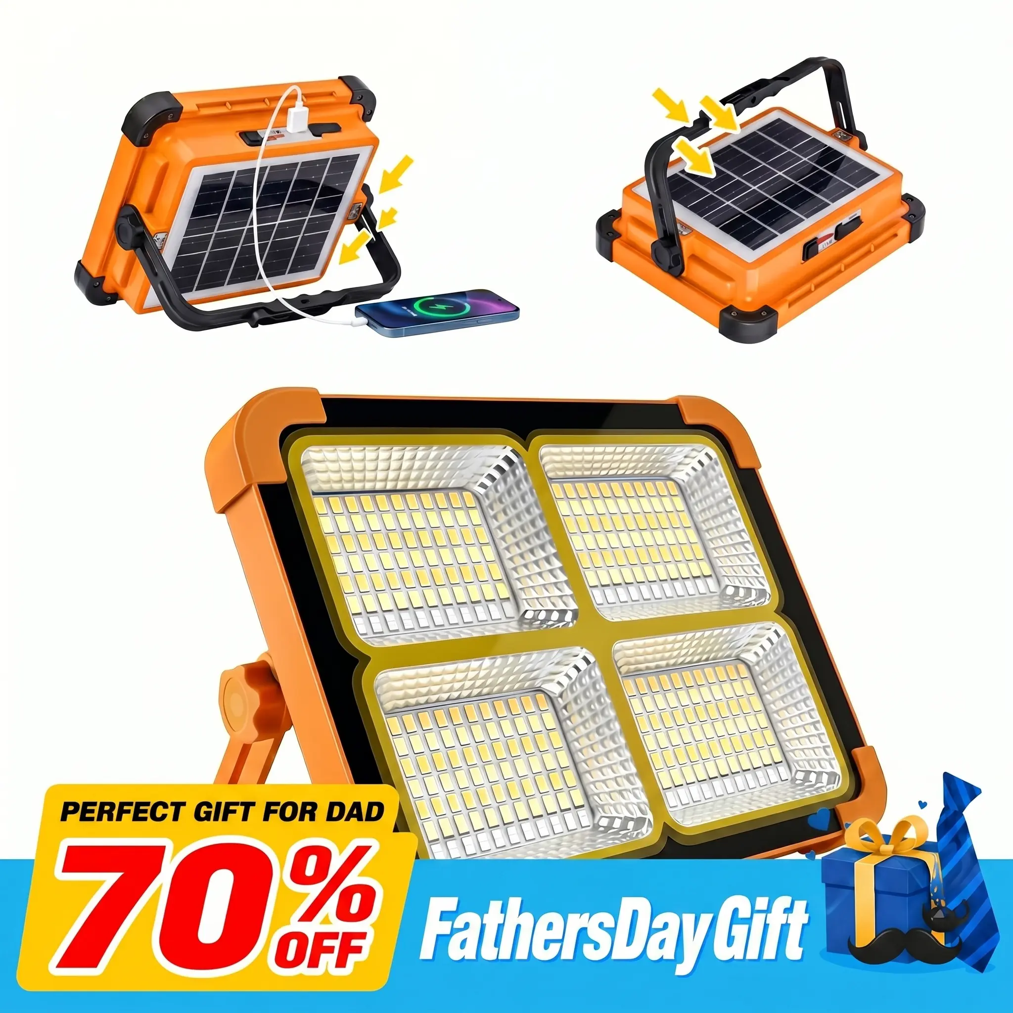 [FathersDayGift] Solar Rechargeable LED Work Light with magnetic closure, concealed hook,  288 Super Bright 2835 Beads Floodlight with USB,  5 Lighting Modes, Waterproof IP66,, 2400mAh capacity, Emergency Power Bank Function, irradiation area: 200㎡.