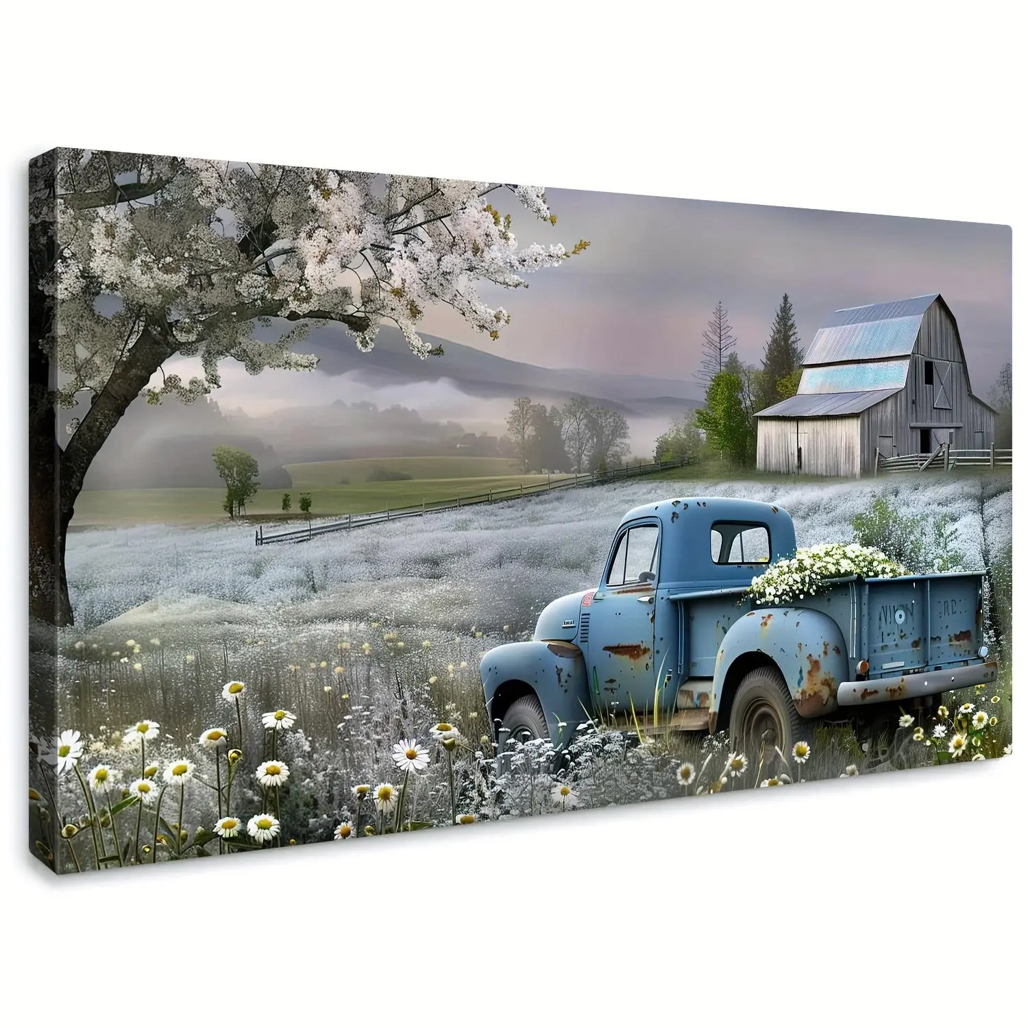 1pc Vintage Rustic Farmhouse Canvas Wall Art - Distressed Pickup Truck with Blooms, Pastoral Barn Scene Print, Antique Vehicle Decoration for Home Living Room, Guest Bedroom with Unique Blue Hues & Country Charm
