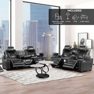 5-in-1 Power Living Room Set – Reclining Sofa & Loveseat, Coffee Table, LED Floor Lamp & Rug