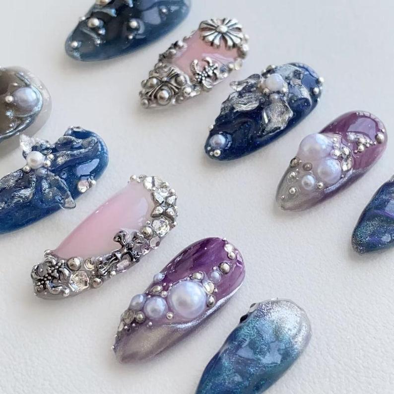Silver 3D Chrome Nails - Dark Blue Press On Nails - Purple Nails - Ocean Nails - Pearl Nails - Metallic silver nail - Cross Nails - Holiday Birthday nails