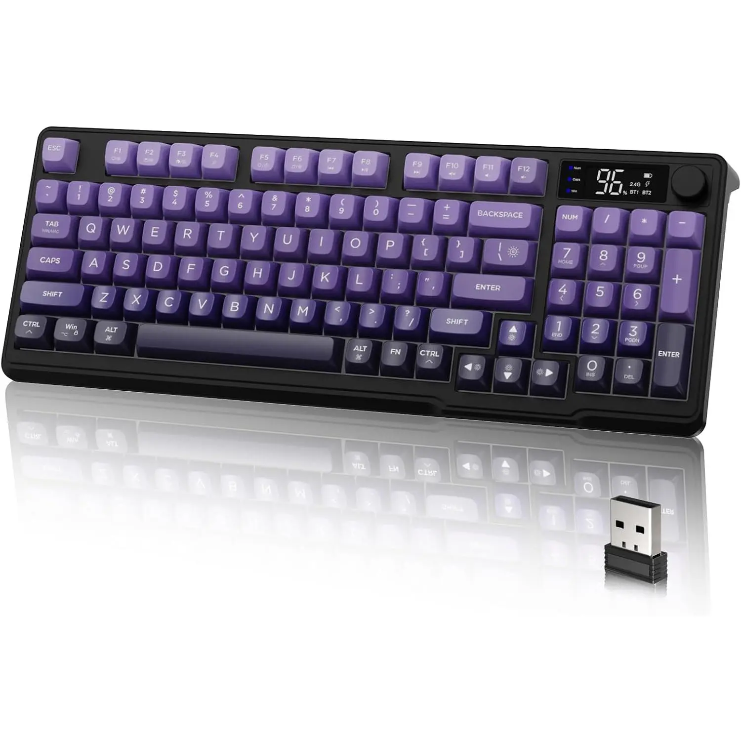 M96 Silent Membrane Video Game Keyboard, Low Profile Quiet Typing, 94 PBT Keycaps, 26-Key Anti-Ghosting, Shimmer RGB Backlit, Display & Knob, USB-C Rechargeable, Space-Saving, Compatible with Windows PC, Linux, Android - Grape, Gaming Keyboard