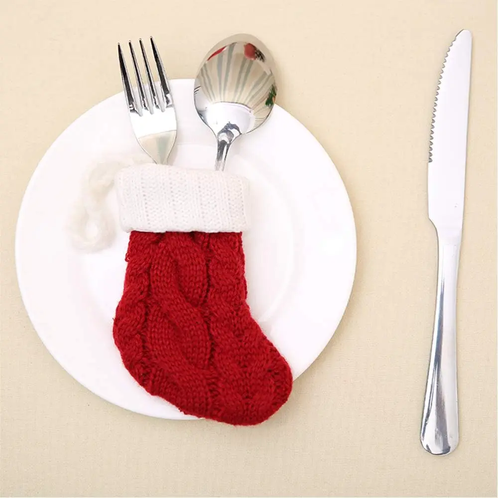 6Pcs Christmas Tableware Silverware Holders Set, Red Knitted Christmas Stockings Knife and Fork Bags Covers for Thanksgiving New Year Party Decorations Xmas Dinner Table Decor Ornaments (Red)