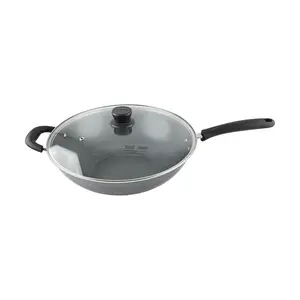 SUPOR Iron Wok with Glass Lid 34CM -Healthy Iron Frying Pan – Pre-Seasoned, Non-Coating, Wok-Style Skillet Pans Cookware Grey