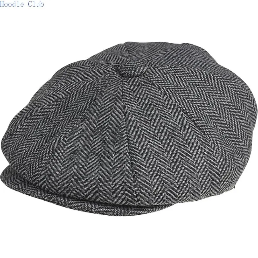 Men’s Vintage Herringbone Tweed Newsboy Cap - 2 Inches Brim Length, 4.3 Inches Depth, Flat-Top Gatsby Ivy Hat, Peaky Blinders Style, British Old Money Aesthetic, Breathable Wool, All-Season Heritage Outdoor Daily Accessory, Fits Most Heads, 23 Inches Circ