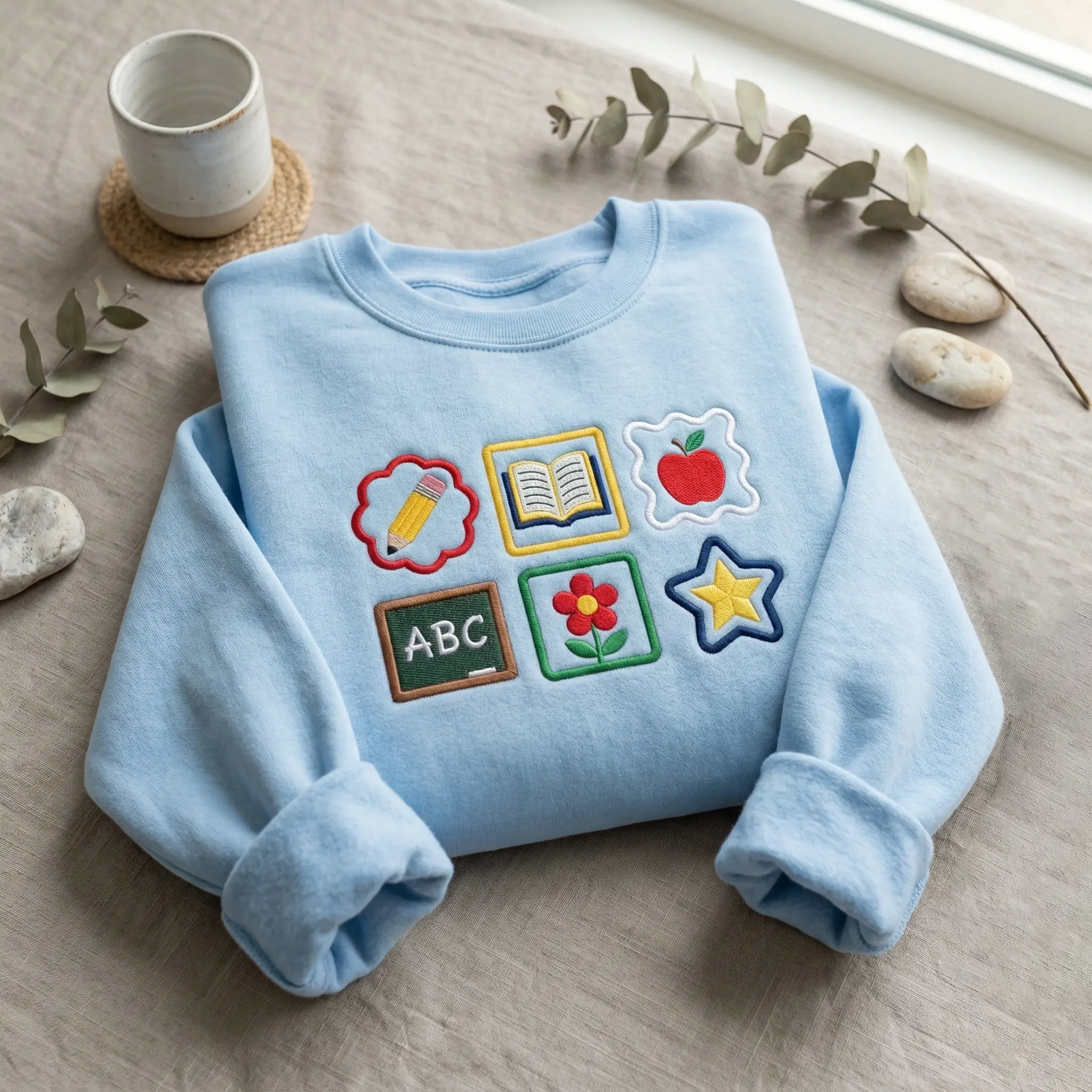 [MADE IN US] Embroidered Kindergarten School Icons Sweatshirt, Preschool Teacher Shirt, Cute Classroom Crewneck, Teacher Gift