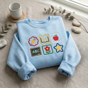 [MADE IN US] Embroidered Kindergarten School Icons Sweatshirt, Preschool Teacher Shirt, Cute Classroom Crewneck, Teacher Gift