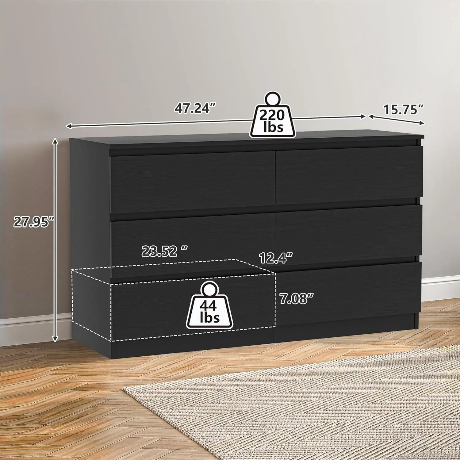 Black-6 Drawers(15.8"D x 47.2"W x 28"H)