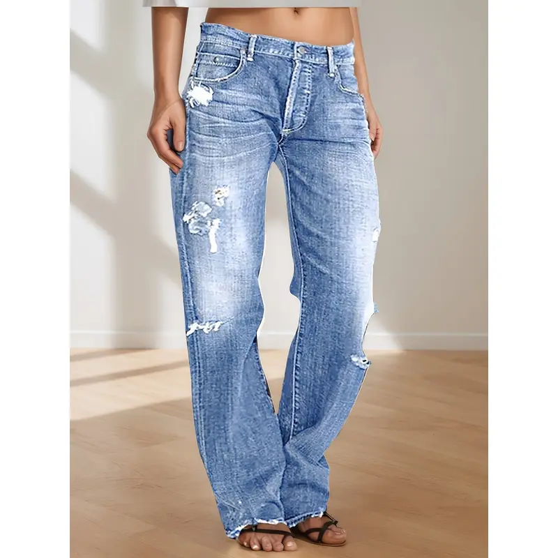 Women's Ripped Jeans Mid Rise Straight LegDenim Jean Plus Size Boyfriend Jeans BaggyFlare Pants