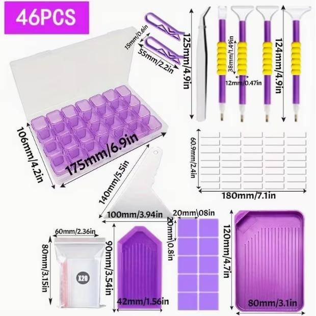 46PCS Tool Set Diamond Painting Tool Set Funnel Point Drill Inventory Drill Pen Clay Purple 28 Grid Storage Box Accessories Accessories