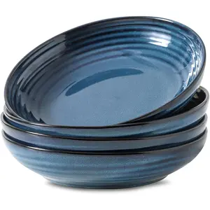 Ceramic Pasta Bowls, 8.7" Large Salad Bowls Set of 4, 32 oz Wide and Shallow Bowls, Farmhouse Bowl Plates for Kitchen,  for Housewarming Wedding, Microwave & Dishwasher Safe, Blue