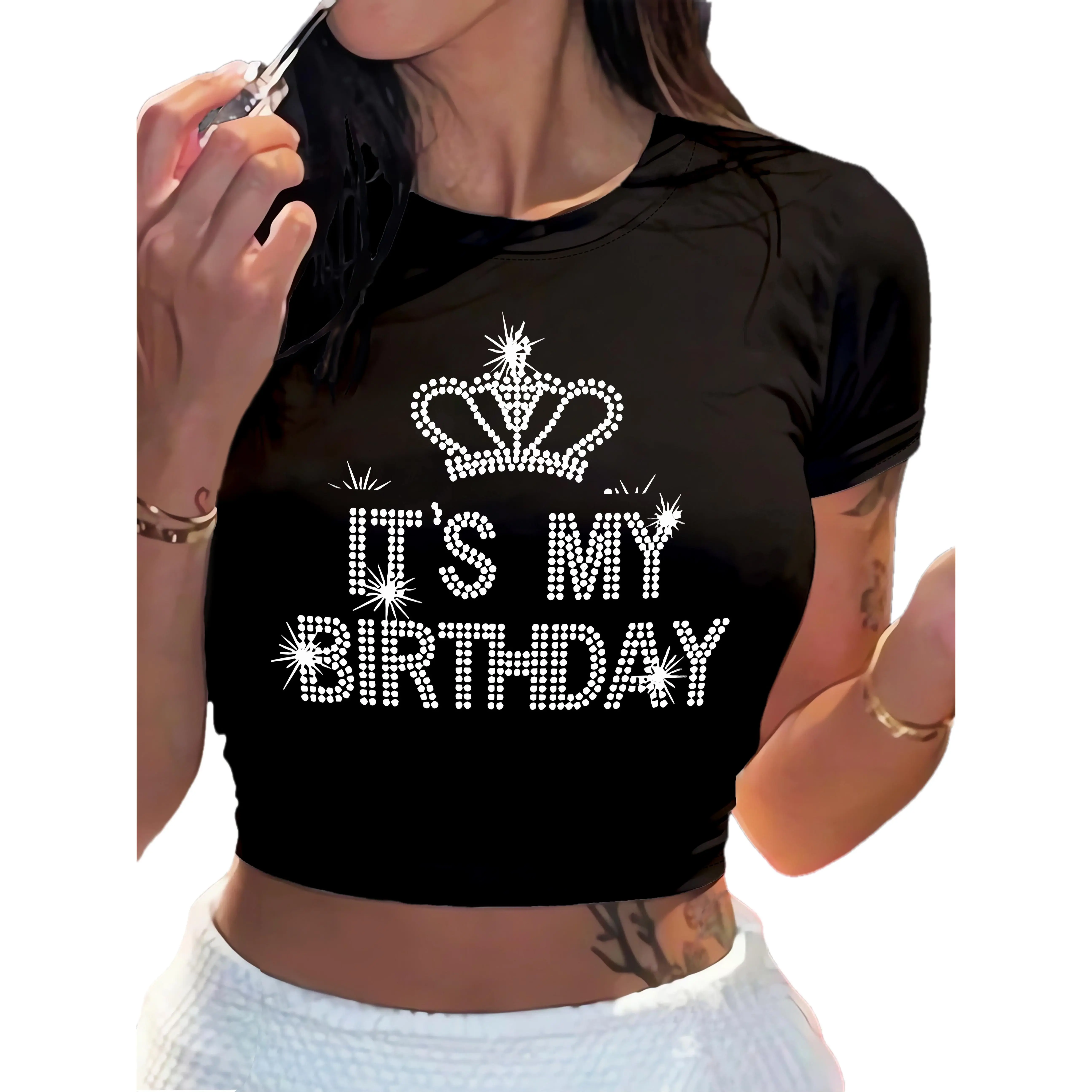 It's My Birthday Print Crop T-shirt, Casual Short Sleeve Slim Fit Top for Summer, Women's Clothing