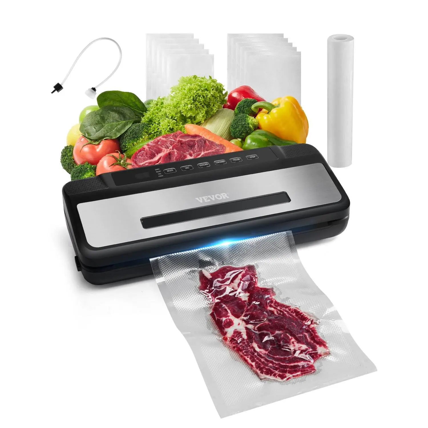 【Summerfinds】VEVOR Vacuum Sealer Machine, 80Kpa 120W Powerful Compact Food Sealer, 7-in-1 Multi-Functional Food Vacuum Sealer, Automatic Air Sealing System with Built-in Cutter with 10 Vacuum Bags & 1 Bag Roll Kitchen Appliances