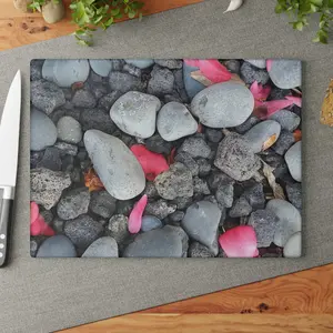 Pink Petals on River Rocks Glass Cutting Board | Floral Stone Kitchen Decor