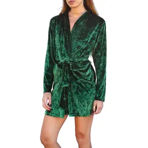 Daisy Del Sol Womens Emerald Green Lush Crushed Velvet Long Sleeve Tie Wrap Short Bathrobe Pockets Lux Loungewear Robe