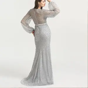 Grey Mermaid Evening Dress 2024: Full Pearls, Long Sleeves, Sexy Fashion, Formal Evening Gown - Plus Size