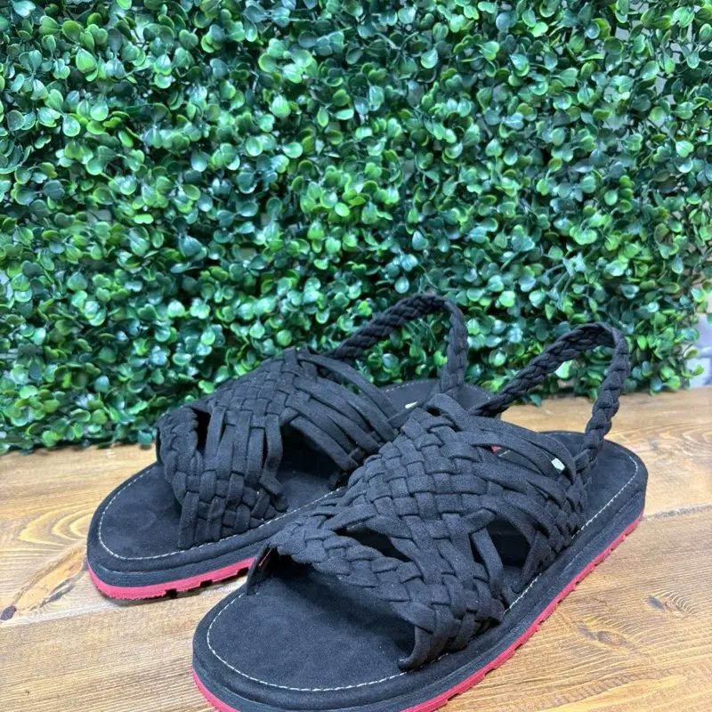 Black Woven Sandals with Red Sole Comfortable Footwear for Everyday Wear