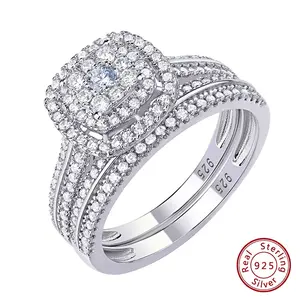 2Pcs Wedding Rings for Women Solid 925 Sterling Silver Engagement Ring Bridal Set 1.6Ct Halo Round Cut AAAAA Zircon QR5712_W #Love Story