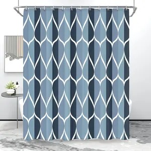 Aegean Blue Geometric Shower Curtain Set, Waterproof Polyester Fabric, Quick-Dry, Modern Design, Bathroom Curtain, Includes 12 Hooks
