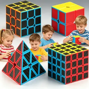 Speed Cube Set, 4 Pack Magic Cube Bundle Includes 2x2x2 3x3x3 4x4x4 Pyramid Puzzle Cube, Carbon Fiber Sticker Smooth Turning Brain Teaser Toy, Birthday Party Christmas Stocking Stuffers Gift for Kids Teens Adults