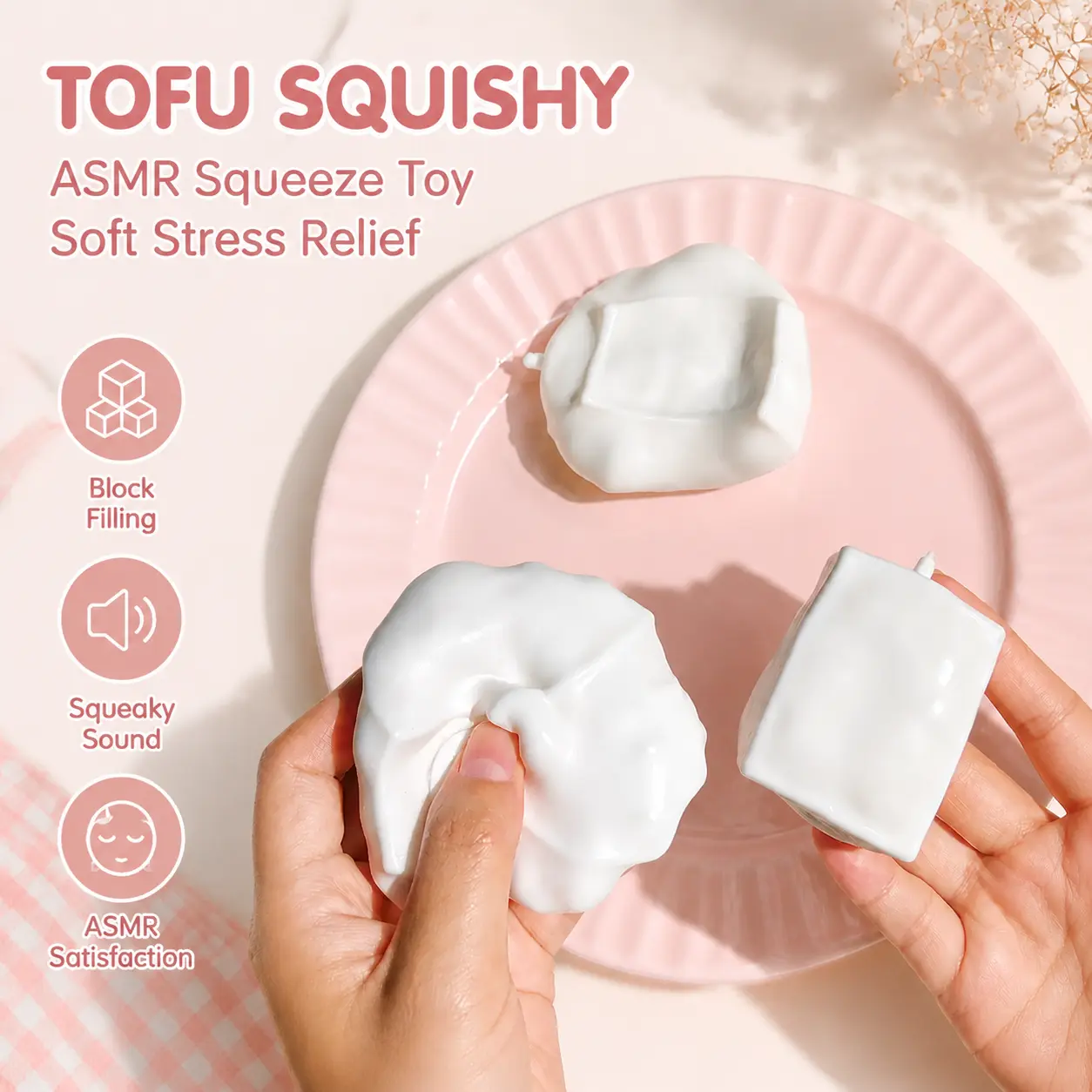 Handmade Crunchy Tofu Squishy Fidget Toy, ASMR Crisp Sound Simulation Tofu Shape Stress Relief Sensory Toy