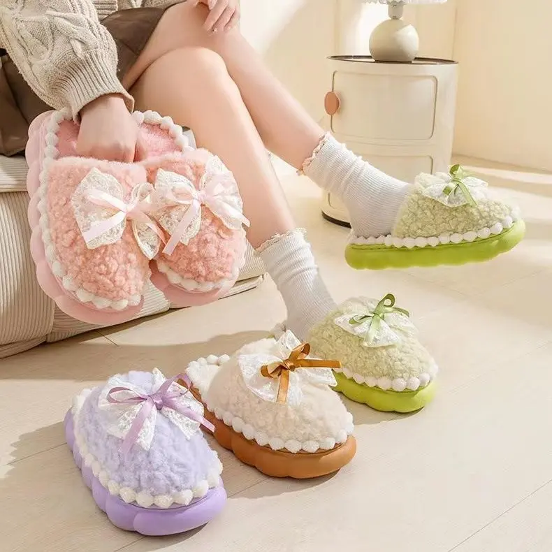 Women Bow Slipper for Home Bedroom Thick Sole Indoor Cute Fuzzy Footwear for Spring/Fall/Winter Holiday Season