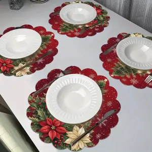 4pcs Round Placemats with Christmas Tree & Floral Design, Non-Slip Washable Polyester Table Mats, Floral Pattern Placemat, & Holiday Theme for Kitchen, Dining