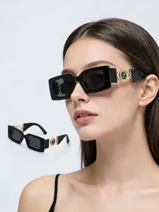 1 Pair Of Rectangular Small Frame Luxury Simple Sunglasses, Fashionable And Personalized Flower-Decorated Metal Sunglasses, Suitable For Outdoor Couples To Wear Sunglasses