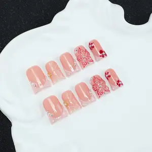 10pcs Handmade French Tip Press On Nails - Nude Pink Acrylic False Nails with 3D Flower & Pearl Decor, Reusable Sweet Style Nail Kit with Free Nail Tool Kit,Suitable for daily party attire and exquisite gifts for women