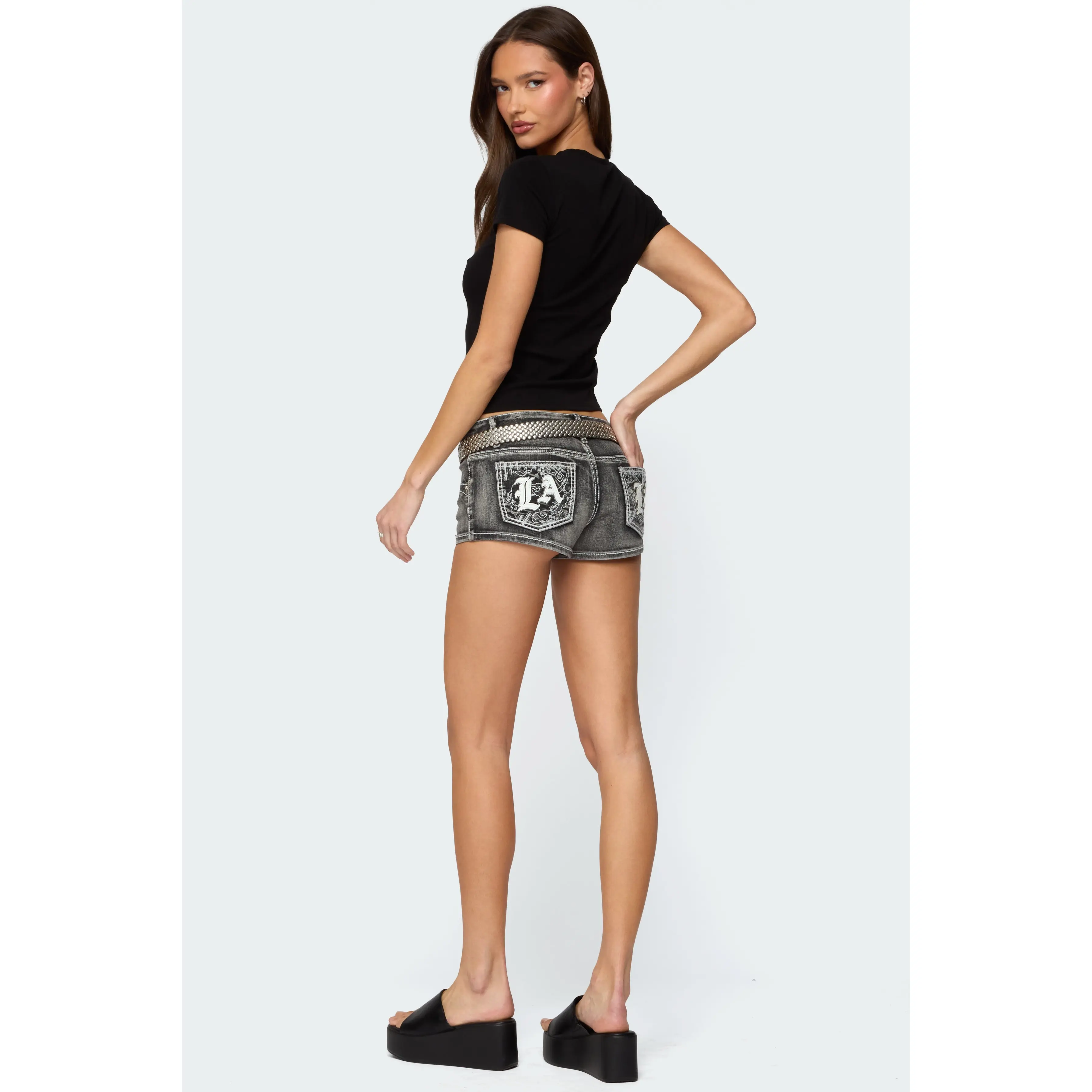 La Embroidered Low Rise Denim Shorts