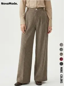 Women's autumn and winter thousand-bird pattern heavy-duty fabric pleated button elastic waist wide-leg trousers elegant split zipper work casual trousers suitable for any occasion autumn and winter essential women's trousers