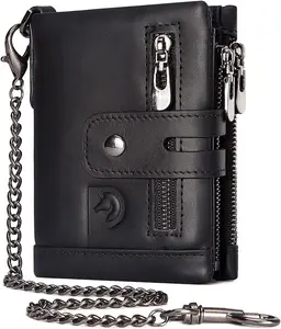 Mens Wallet with Chain  Purse RFID Blocking Bifold Double Zipper  Pocket with Anti- Chain
