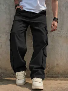 Men's Washed Distressed Vintage Multi-Pocket Workwear Jeans, Loose-Fitting Straight Leg Pants, Casual Street Style Denim Trousers, Streetwear